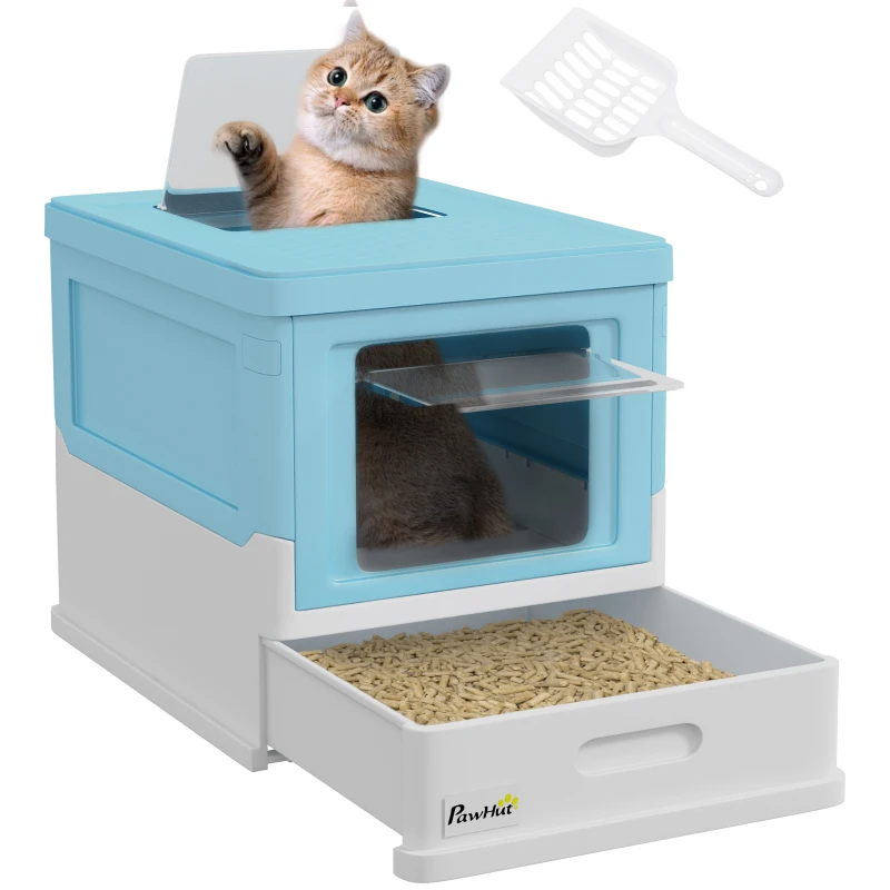 PawHut Litteră pentru Pisici Închisă cu Lopățică, Tavă Retractabilă și 2 Uși, 47.5x35.5x36.7cm, Albastră