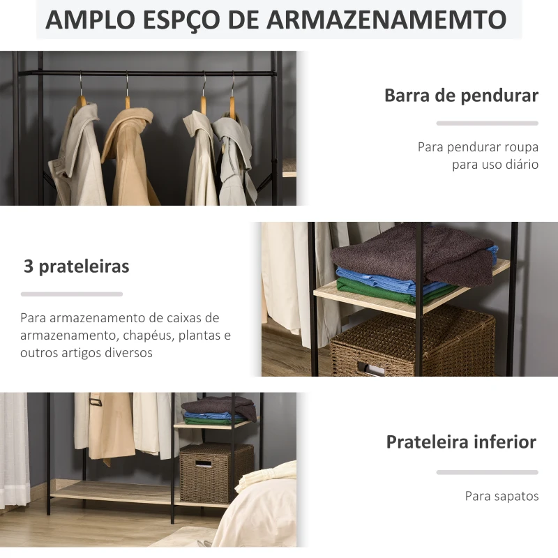 HOMCOM Suporte para Cabides Cabideiro de Madeira com 4 Prateleiras de Arrumação e Barra de Pendurar 100x46x170,5cm Madeira e Preto