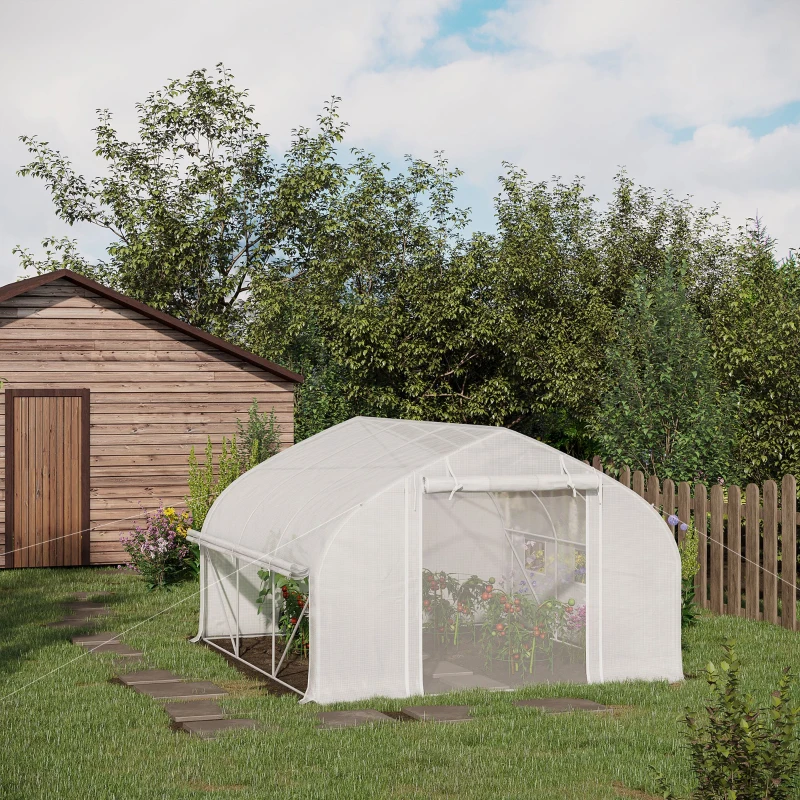Outsunny Serre de jardin tunnel 10,4 m² serre de jardin anti-UV porte zippée enroulable fenêtres maille 350 x 300 x 200 cm blanc