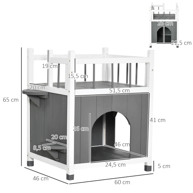 PawHut Katzenhaus mit Balkon Katzenhütte Lodge Outdoor Winterfest Massivholz Grau+Weiß 60 x 46 x 65 cm