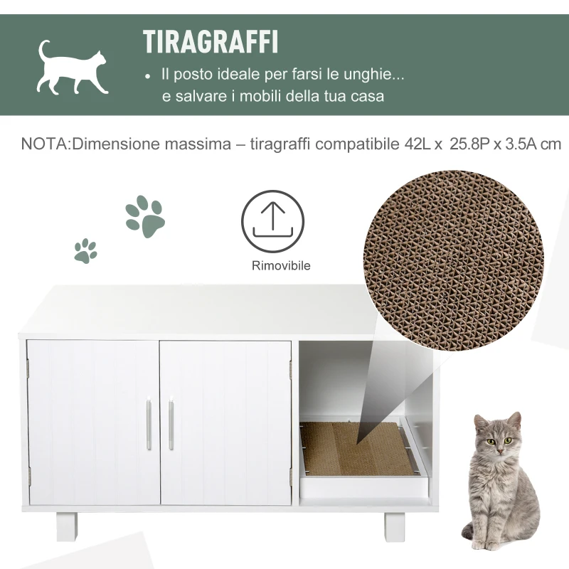 PawHut Mobile per Lettiera Gatti in Legno con 2 Ante e Apertura Laterale con Tiragraffi, Bianco