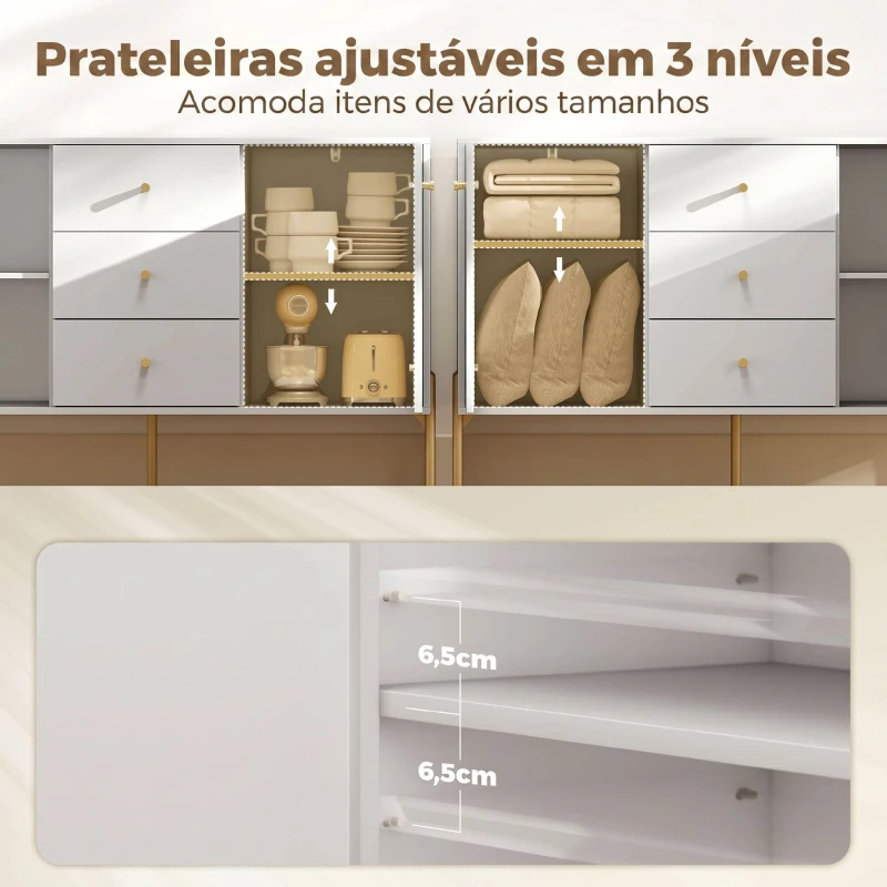 HOMCOM Aparador Moderno de 2 Portas Aparador de Sala com 3 Gavetas Prateleiras Ajustáveis Branco 120x39,1x76 cm