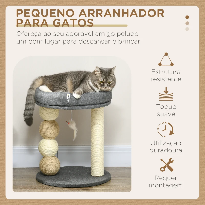 PawHut Arranhador para Gatos Pequeno Centro de Atividades para Gatos com Cama 4 Bolas e Postes de Sisal Ø40x48 cm Cinza e Bege