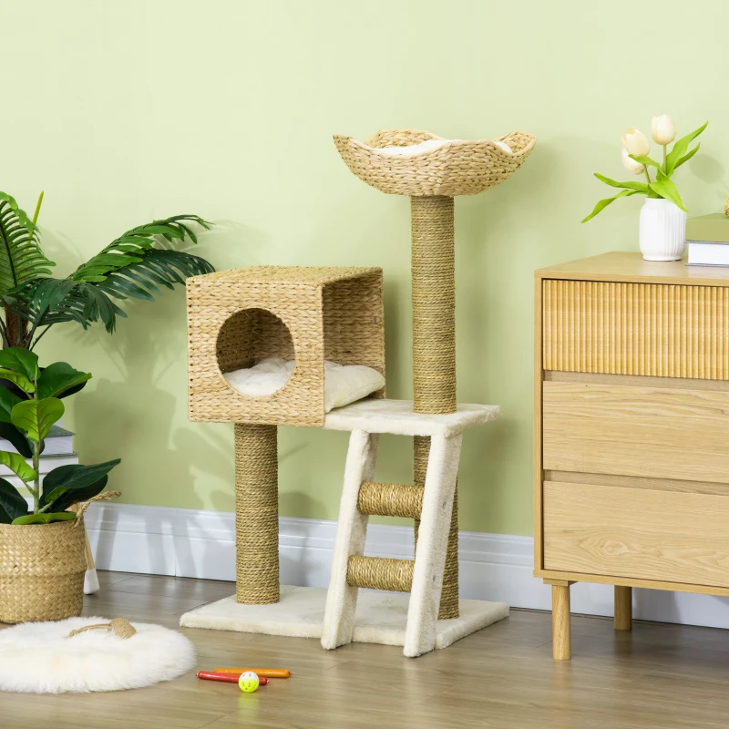 PawHut Arranhador para Gatos Arranhador para Gatos com Cama Superior Caverna 2 Almofadas 2 Postes Escada 57x37x100,5cm Bege