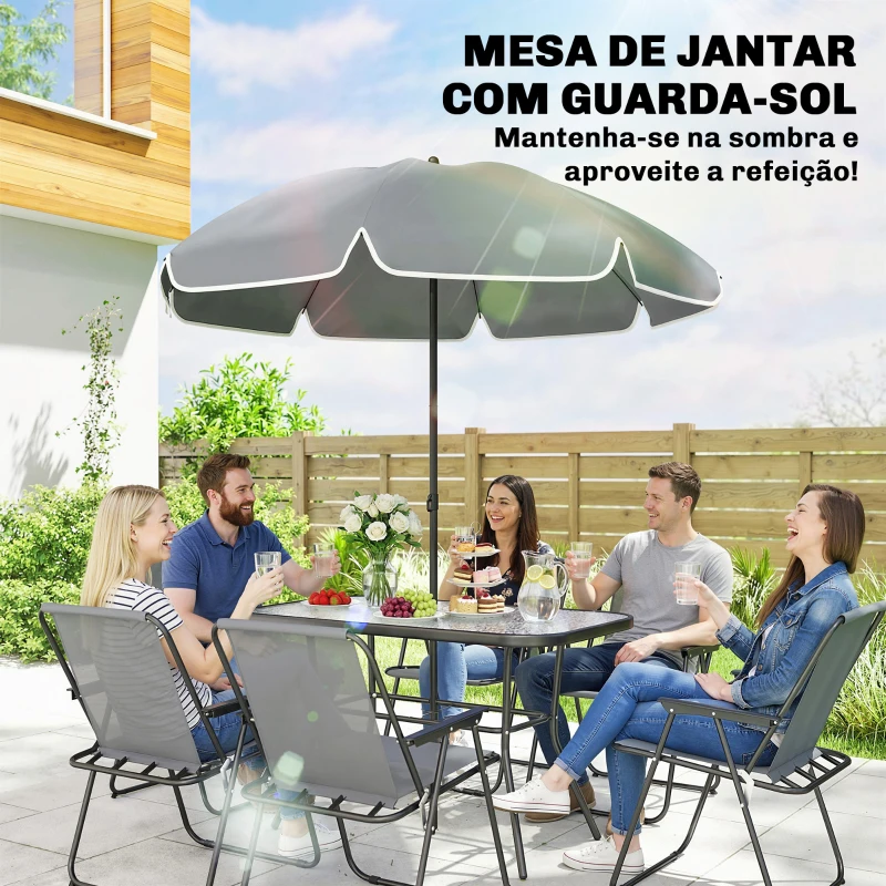 Outsunny Conjunto de Mesa e Cadeiras de Jardim de 8 Peças com Chapéu de Sol 6 Cadeiras Dobráveis e Mesa de Vidro Cinza