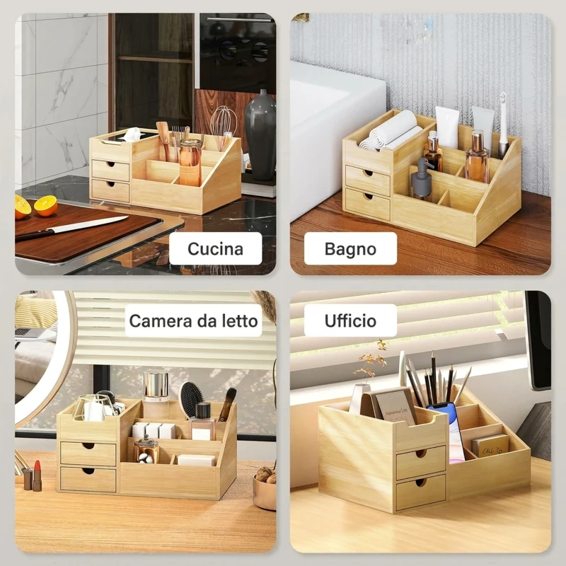 HOMCOM Organizer da Scrivania in Bambù con 2 Cassetti e 7 Scomparti Portaoggetti, 33x20.5x15.5 cm