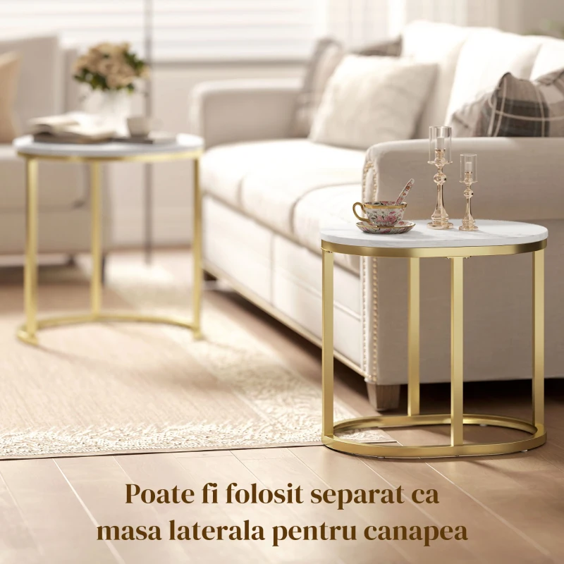 HOMCOM Set de 2 mese de cafea cu blat cu efect de marmură, din lemn și oțel, Ø50x50,5 cm și 60x36x43,5 cm, Alb