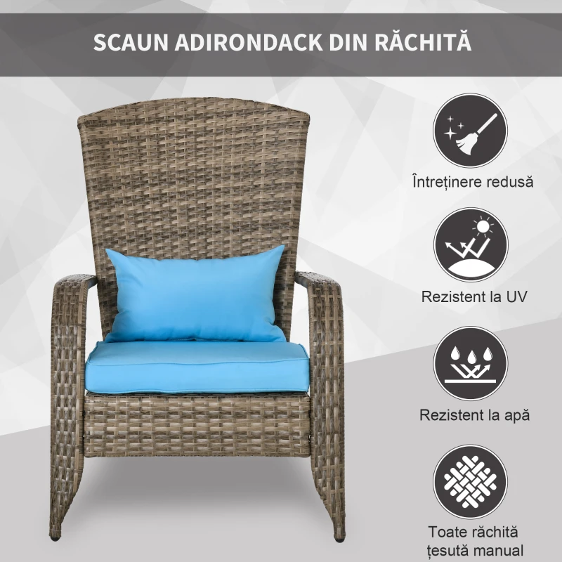 Outsunny Scaun de grădină Adironrack cu brațe, din ratan și oțel, 64x80x90 cm, maro și albastru