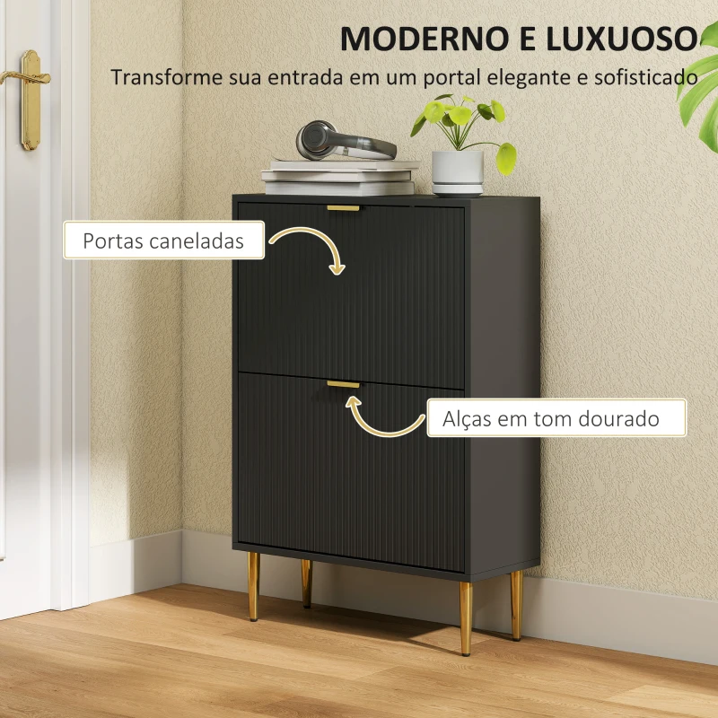 HOMCOM Sapateira Estreita com 2 Portas Caneladas e Prateleiras Ajustáveis para 12 Pares de Sapatos, 60x24x91,5 cm, Preto