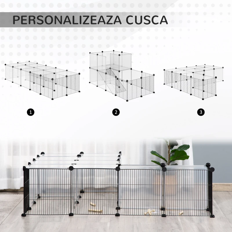 PawHut Țarc Modular pentru Animale cu Panouri 35x35 cm și Accesorii, din Oțel și PP, 140x70x70 cm, Negru