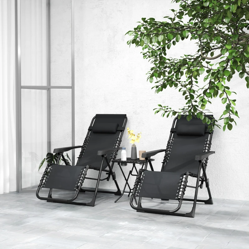 Outsunny Lot de 2 chaise longue pliable et inclinable avec table d'appoint, porte-gobelets et appuie-têtes, charge 120 kg, noir
