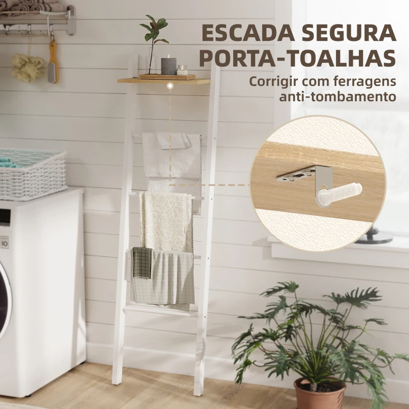 HOMCOM Toalheiro de Escada com Prateleira Superior e 4 Barras Suporte de Toalhas para Encostar na Parede  43x20x151 cm Branco e Carvalho