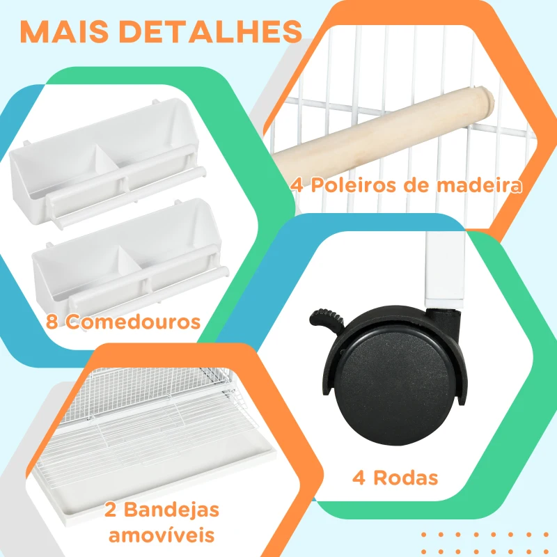 PawHut Gaiola para Pássaros 2 em 1 com 2 Andares Rodas 4 Comedouros 4 Poleiros e Bandejas Amovíveis  78x75x168 cm Branco