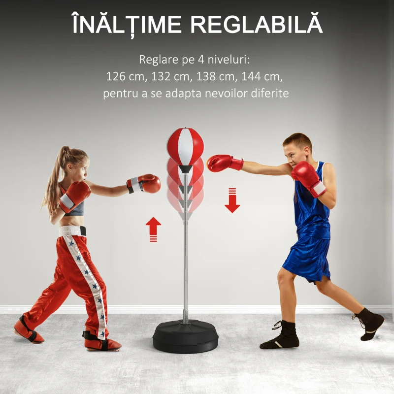 HOMCOM Punching Ball de Podea cu Înălțime Reglabilă, Mănuși și Bază Reîncărcabilă, 43x43x126-144 cm, Roșu și Alb