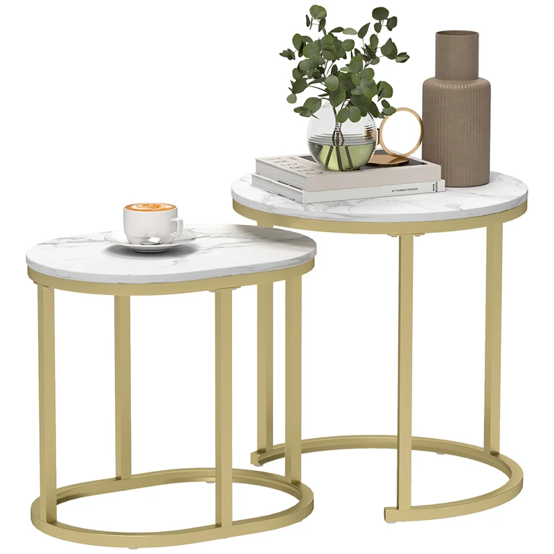 HOMCOM Set de 2 mese de cafea cu blat cu efect de marmură, din lemn și oțel, Ø50x50,5 cm și 60x36x43,5 cm, Alb