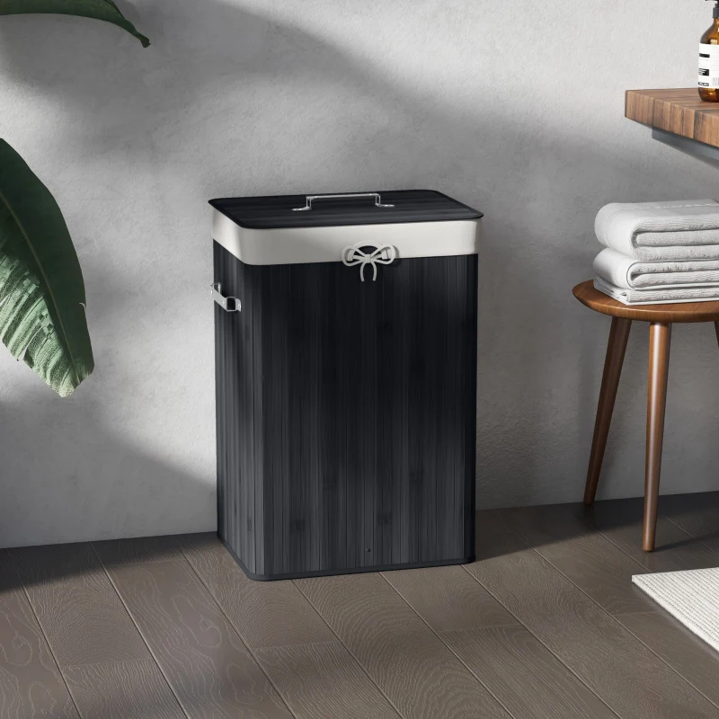 HOMCOM Cesto de Roupa de Bambu Dobrável Cesto para Roupa Suja com Tampa e Bolsa Amovível 40x30x60 cm Preto