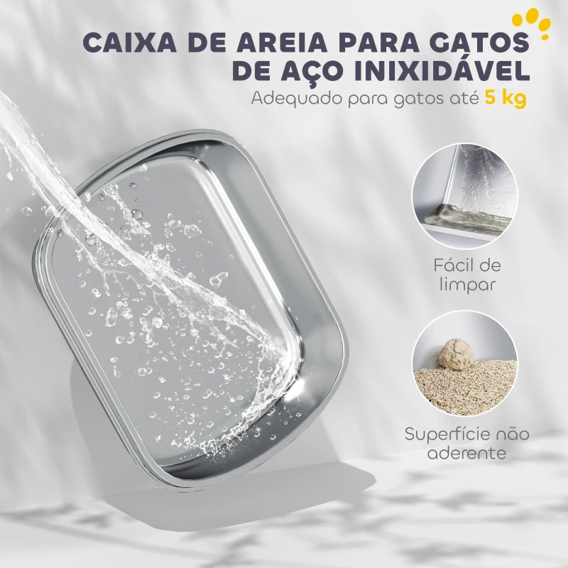 PawHut Caixa de Areia para Gatos em Aço Inoxidável L com Tampa Rebatível Pá Metálica Saco Desodorizante Fácil de Limpar Branco