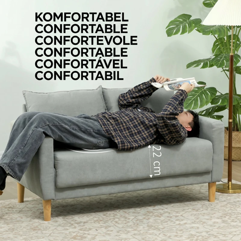 HOMCOM Divan cu 2 Locuri Catifelat cu Compartiment de Depozitare Inferior și Perne, 140x72x82 cm, Gri(m-9)