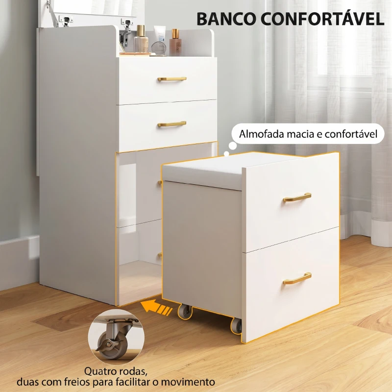 HOMCOM Toucador de Maquilhagem 3 em 1 com Banco Mesa de Maquilhagem com Espelho Gavetas e Bancada de Vidro Visível Toucador Moderno para Quarto 48x40x90 cm Branco