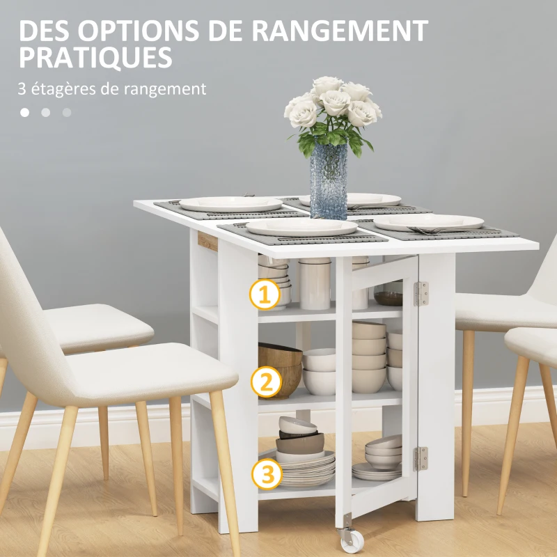 HOMCOM Table de cuisine table de salle à manger pliable amovible 3 étagères 2 abattants design moderne 120 x 60 x 75 cm blanc