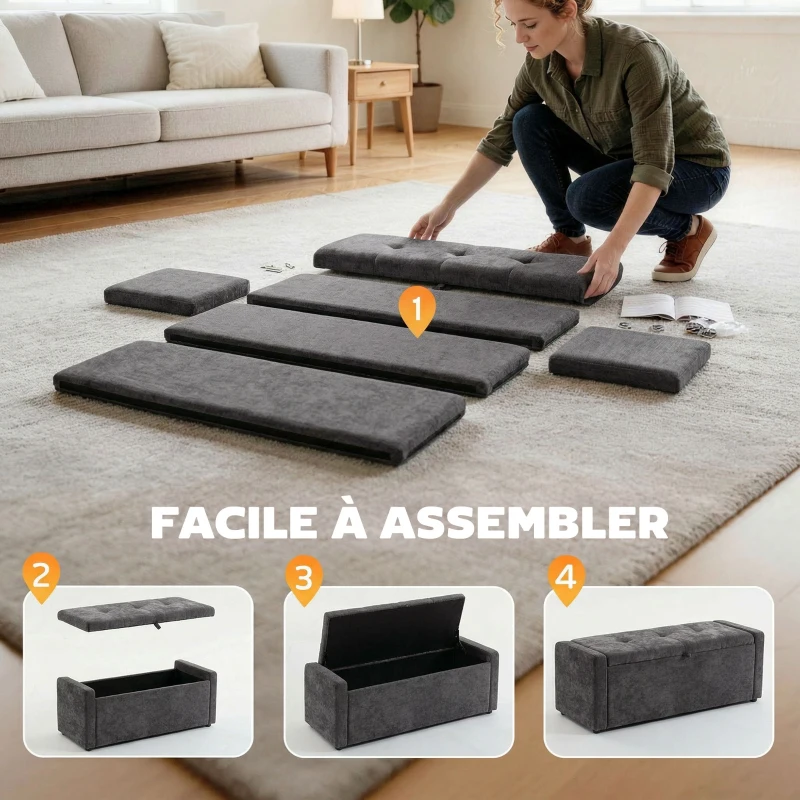HOMCOM Banc de rangement, bout de lit, repose-pieds rembourré en lin avec assise large, 122 x 48 x 44 cm, gris foncé