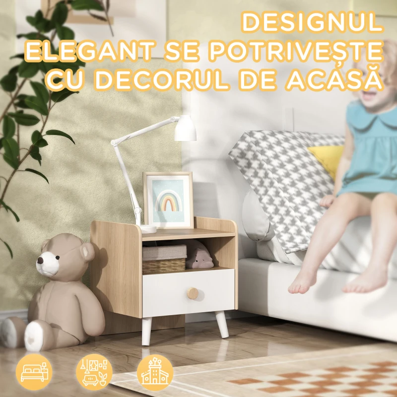 AIYAPLAY Noptieră cu Sertar pentru Copii 3-10 Ani din MDF și Lemn de Pin, 40x32,5x40 cm, Alb