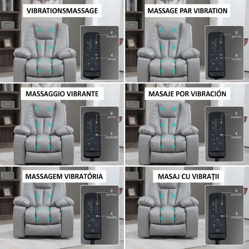 HOMCOM Fotoliu Reclinabil cu Funcție de Ridicare, 8 Puncte de Masaj și Telecomandă, din Microfibră, 94x96x106 cm, Gri
