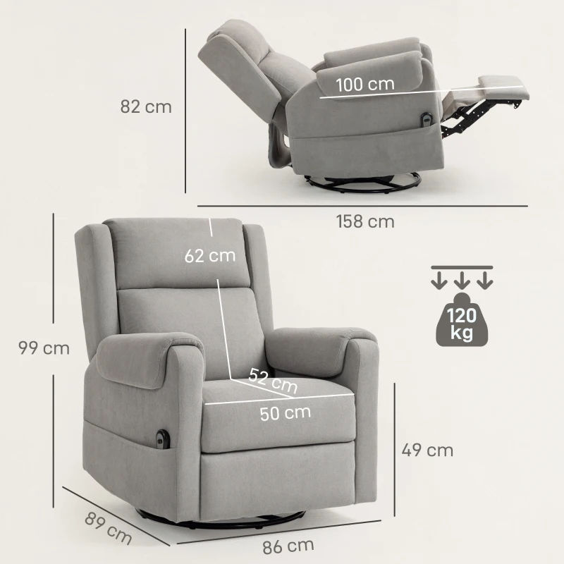 HOMCOM Poltrona Relax Reclinável Elétrica Giratória e Basculante com Apoio para os Pés Ajustável Controlo Remoto 86x89x99 cm Cinzento Claro