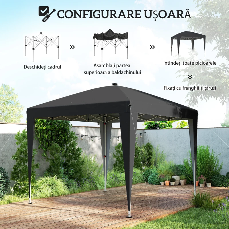 Outsunny Pavilion pliabil 3x3 m, înălțime reglabilă, cu lumină centrală și telecomandă, din metal și poliester, negru