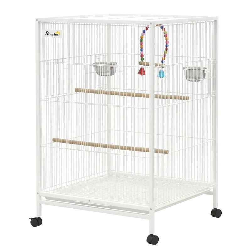 PawHut Gaiola para Pássaros com Rodas Poleiros Baloiço Bandeja Removível e Tigelas de Aço Inoxidável 48x46x78 cm Branco