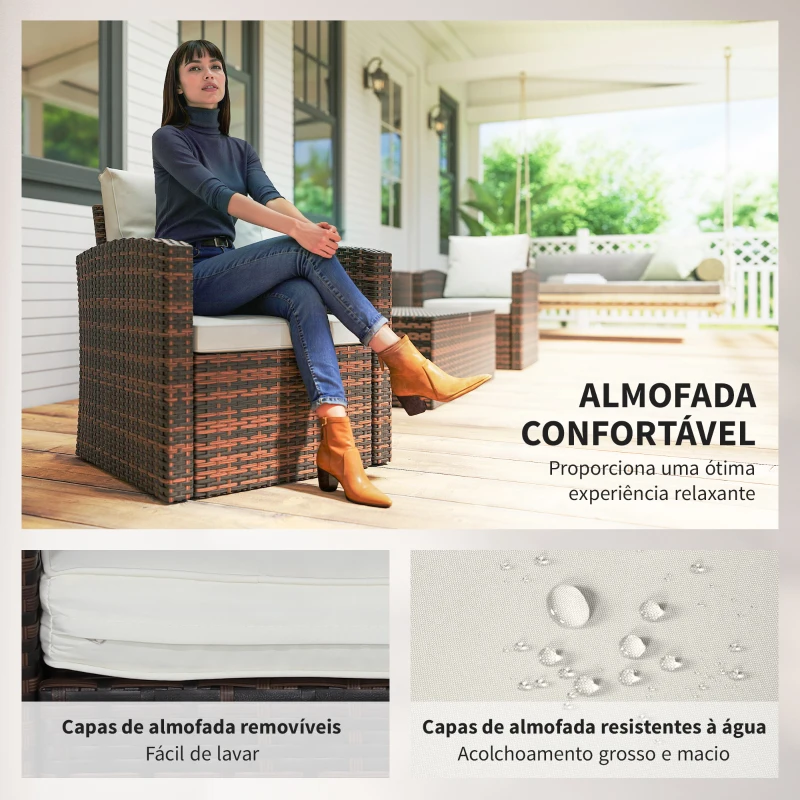 Outsunny Conjunto de Jardim Exterior de Vime 6 Peças Almofadas Sofá Duplo Sofá de 3 Lugares 2 Poltronas 2 Mesas Auxiliares Bege