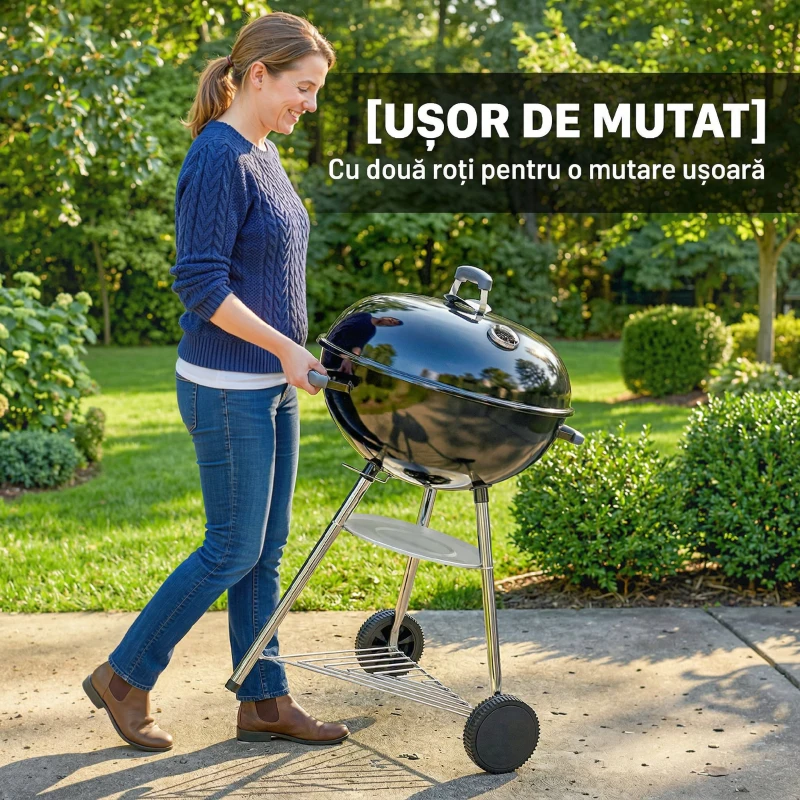 Outsunny Barbecue Portabil pe Cărbune cu Raft Inferior și Roți, Negru