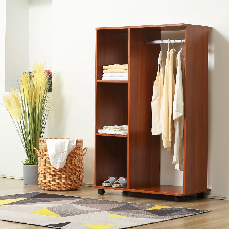 HOMCOM Kleiderschrank auf Rollen, mobile Garderobe, Garderobenschrank, Rollbarer Kleiderständer, 80 x 40 x 128 cm, Walnuss