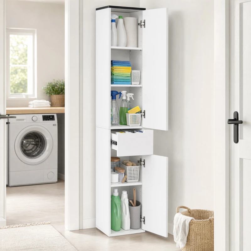 kleankin Mobile Bagno con Ripiano Regolabile, 2 Ripiani Chiusi e un Cassetto in Legno, 30x28x180 cm, Bianco