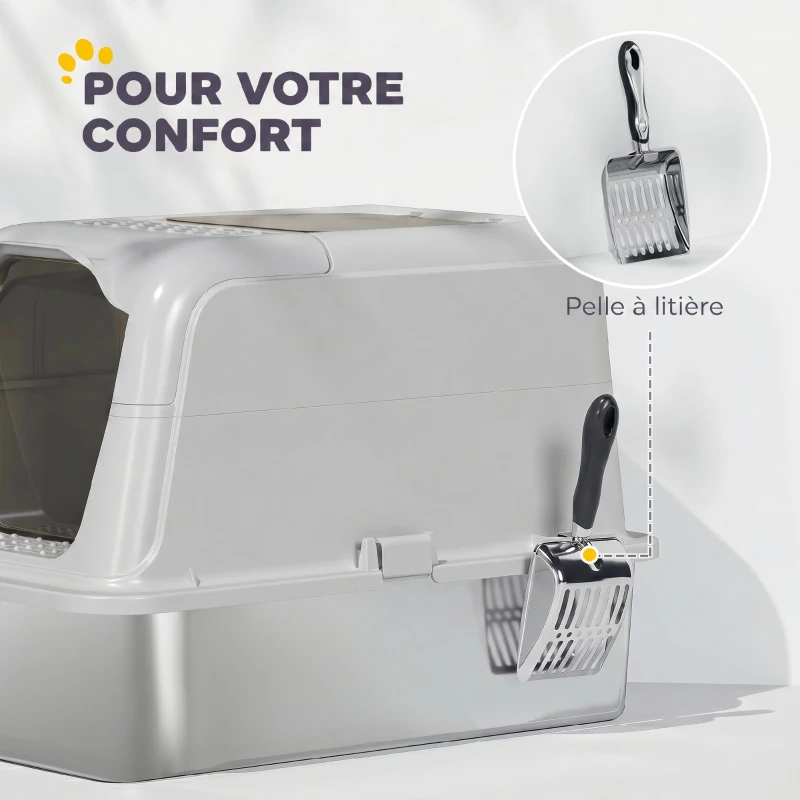 PawHut Maison de Toilette pour Chat Bac à Litière Fermé Bac Acier Inoxydable, Nettoyage Facile, 60,4x40,4x41,8cm, Gris Clair