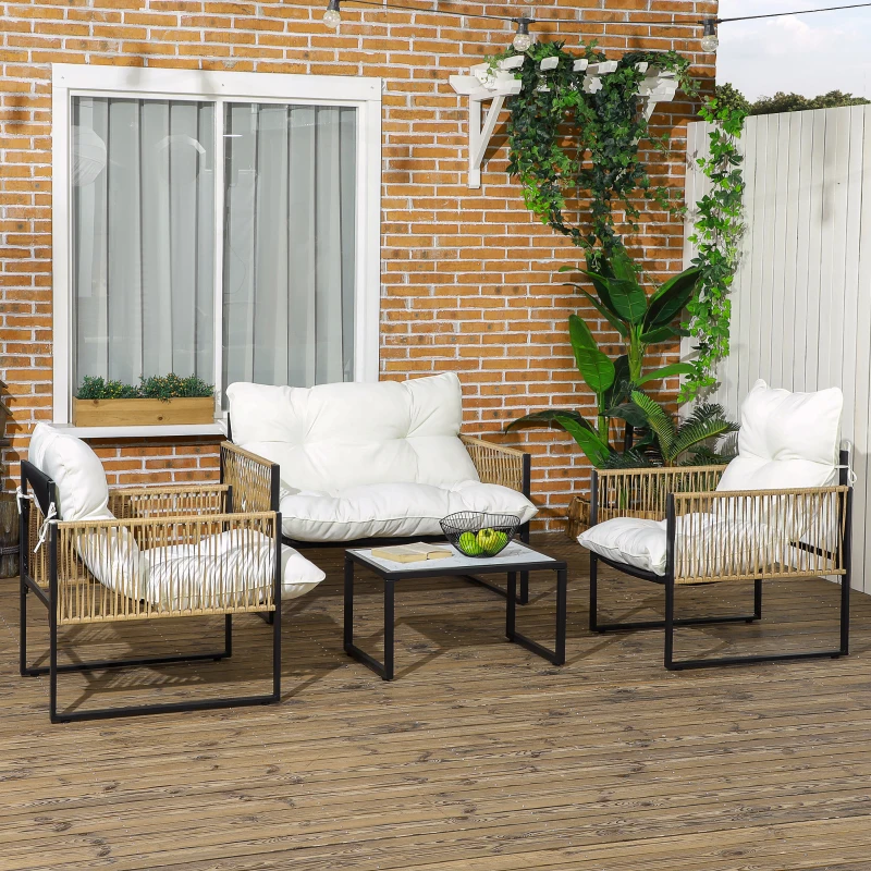 Outsunny Conjunto de Jardim Exterior em Rattan Sintético com 2 Poltronas 1 Sofá de 2 Lugares 1 Mesa de Centro e Almofadas Creme