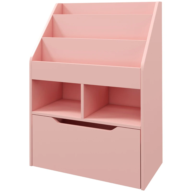 HOMCOM Estante de Madeira para Brinquedos com 3 Compartimentos 2 Prateleiras e Gaveta Móvel com 4 Rodas 60x29,9x90 cm Rosa
