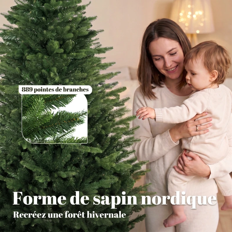 HOMCOM Sapin de Noël Artificiel 180 cm, Arbre de Noël avec 889 Pointes de Branches Articulées Réalistes, Support en Bois, Vert