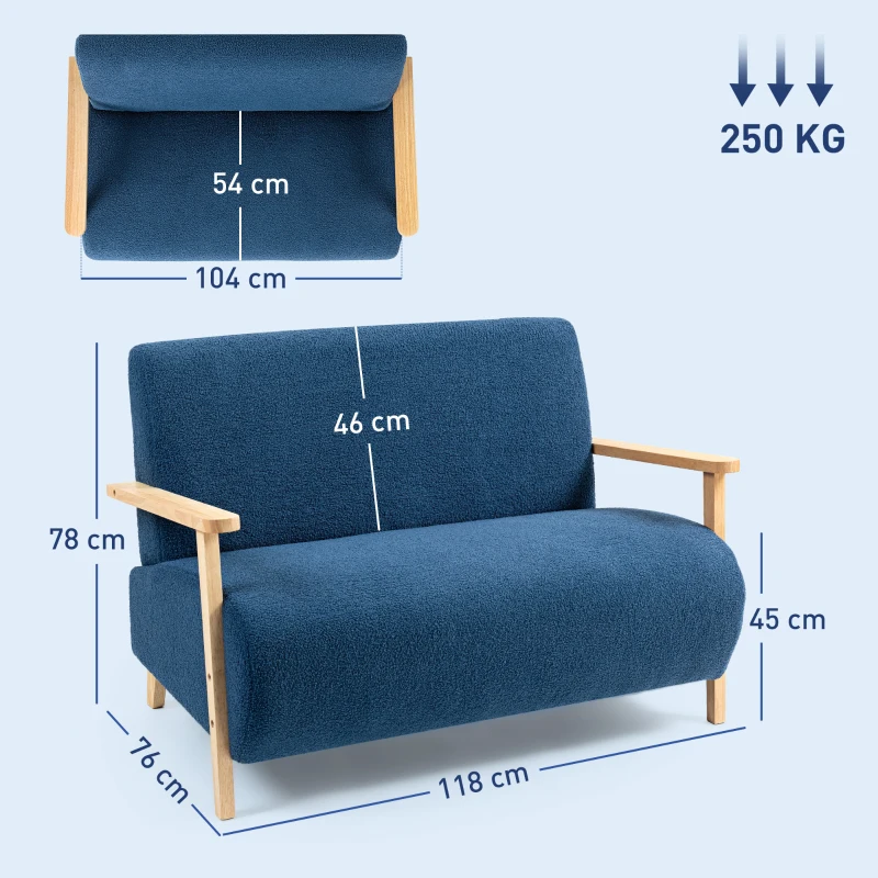 HOMCOM Sofá de 2 Lugares Estofado em Borreguito com Acolchoado Espesso Apoios de Braço e Pés de Madeira 118x76x78 cm Azul