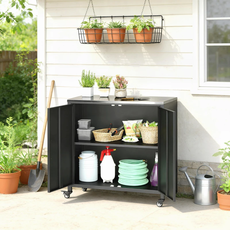 Outsunny Gartenschrank mit Pflanztisch Geräteschuppen mit Edelstahl Arbeitsplatte abnehmbar Regal magnetisch Doppeltür Rolle