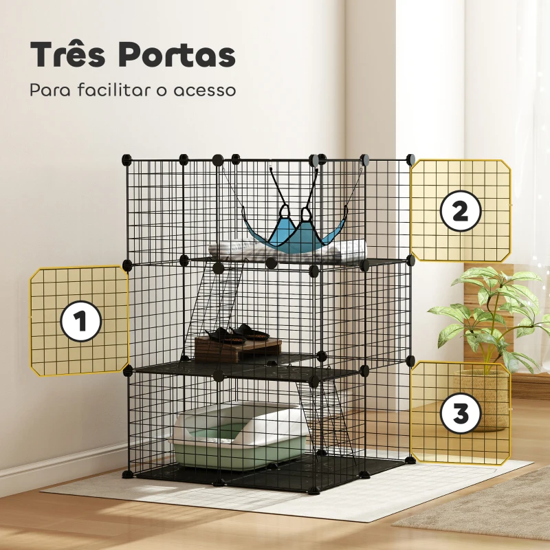 PawHut Gaiola Interior para Gatos de 3 Níveis em Aço com 3 Portas, 2 Escadas e Rede, 70x70x105 cm, Preto