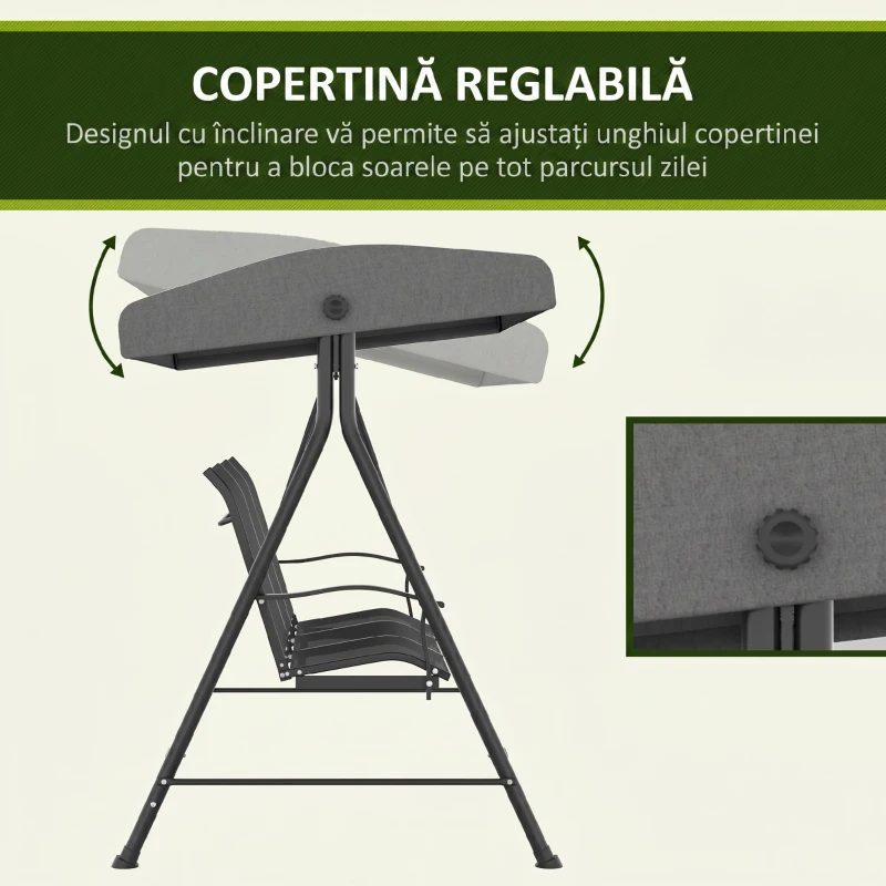 Outsunny Leagăn de Grădină pentru 3 Persoane, cu Acoperiș Reglabil, 200x133x176 cm, Gri Închis