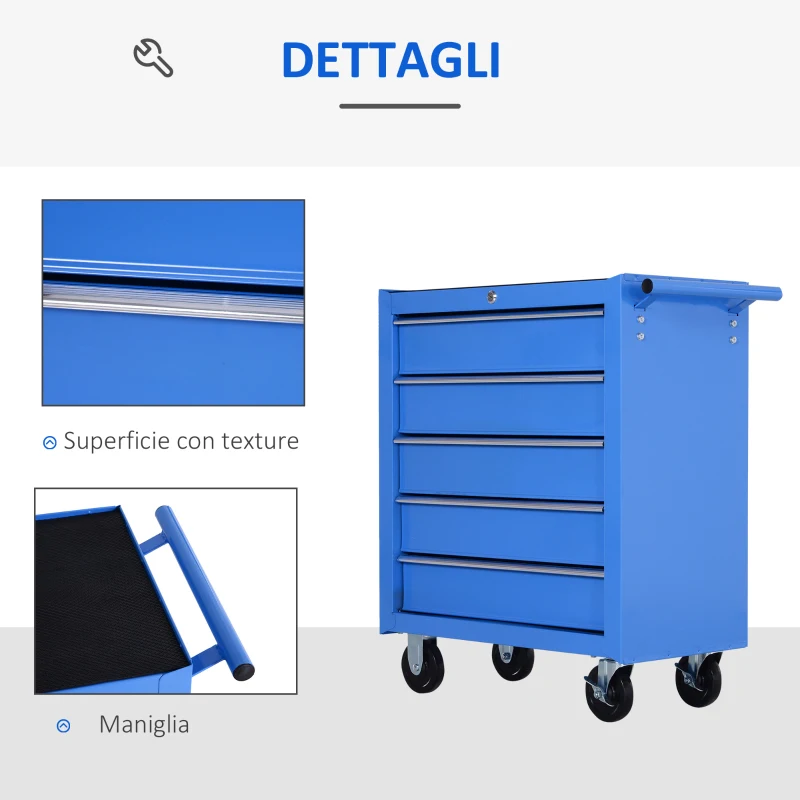 HOMCOM Carrello da Officina a 5 Cassetti con Ruote in Metallo Blu, 67.5x 33 x 77cm