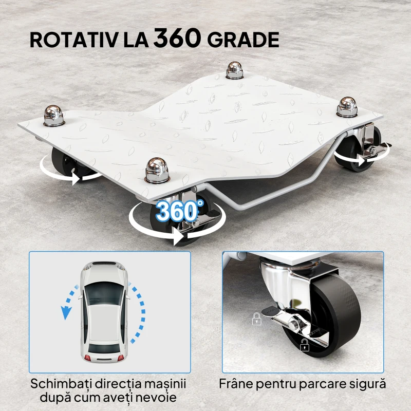 DURHAND Set de 2 cărucioare pentru mutarea mașinilor, din metal antiderapant, cu roți pivotante și blocabile, argintiu