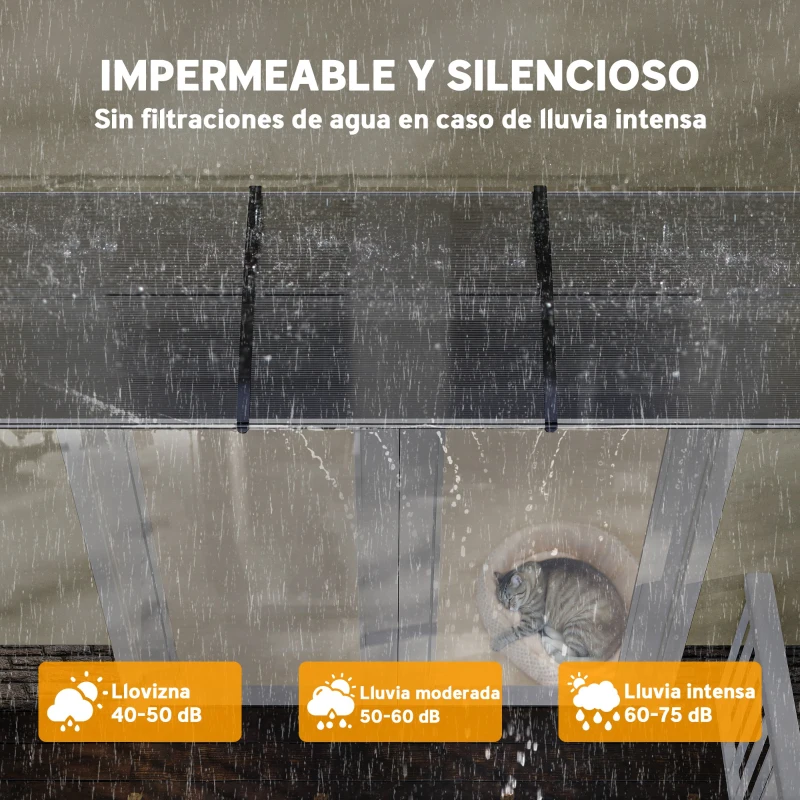 Outsunny Marquesinas Exterior para Puertas y Ventanas, 295x90 cm, Tejadillo de Protección contra Sol y Lluvia, con Cubierta de Policarbonato, Soporte de Aleación de Aluminio, Transparente