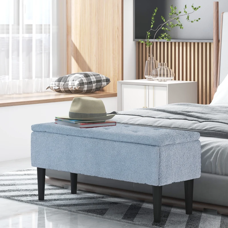 HOMCOM Banco de Armazenamento em Borrego Capacidade 47L Tampa Abatível e Pés de Madeira de Borracha Carga 120 kg 95x38x45 cm Azul