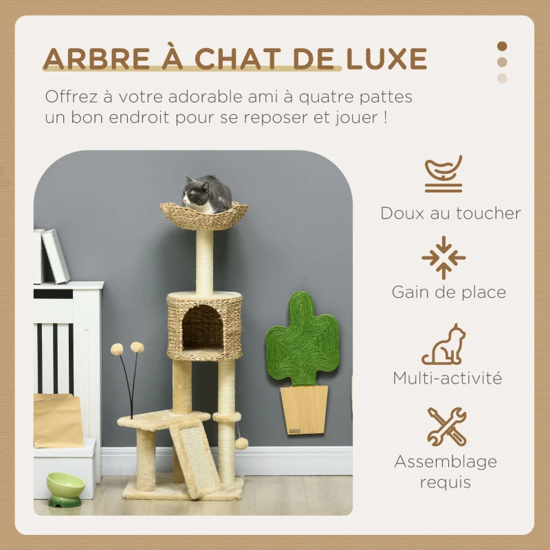 PawHut Arbre à chat hauteur 116 cm niche panier plateformes pompons en peluche et jacinthe d'eau - beige