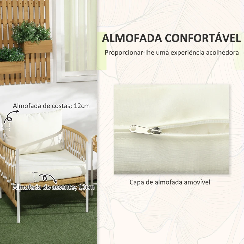 Outsunny Conjunto de Jardim Exterior com 2 Cadeiras e Mesa em Vime com Almofadas Acolchoadas para Varanda Terraço Bege e Creme