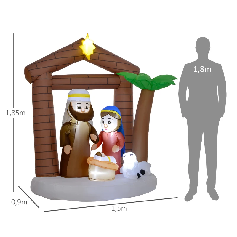 Outsunny Presépio Insuflável de Natal Decoração Insuflável Natalícia com Luzes LED e Insuflador para Exterior 150x90x185 cm Multicor