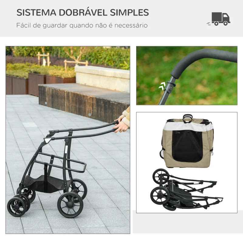 PawHut Carrinho para Animais de Estimação Carrinho para Cães Dobrável com Compartimento Desmontável 4 Portas 81x58x97,5 cm Cáqui